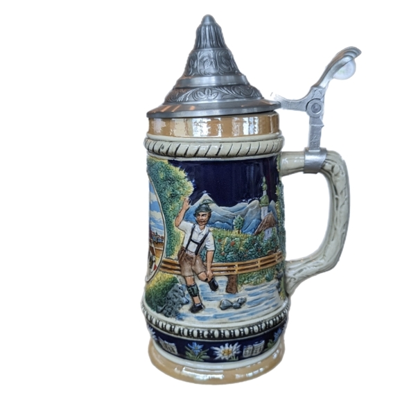 VINTAGE German Beer Stein with Lid, Ceramic Mug, Nature Scene - Picture 3 of 9